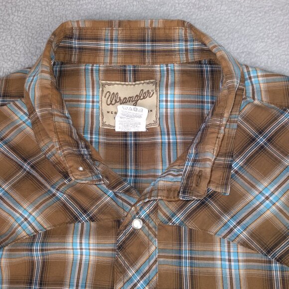 Wrangler Men’s Western XXL Snap Shirt Brown Blue Plaid Pearl Snap Short Sleeve - Picture 2 of 15